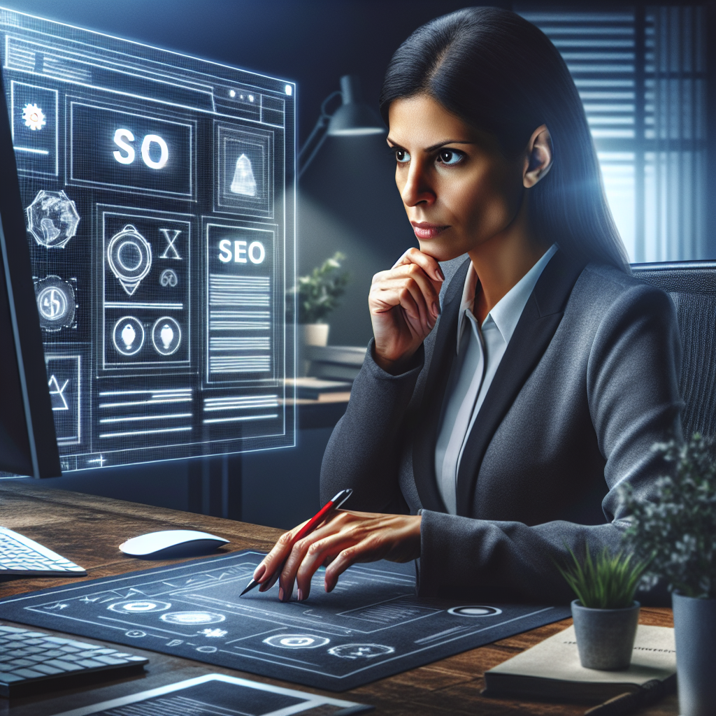 A professional web designer working on a modern website layout with SEO elements visible on screen