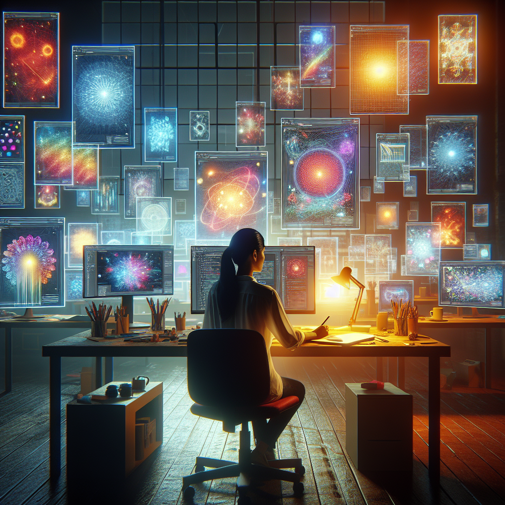 A creative workspace featuring a professional web designer at work on multiple screens with colorful designs displayed