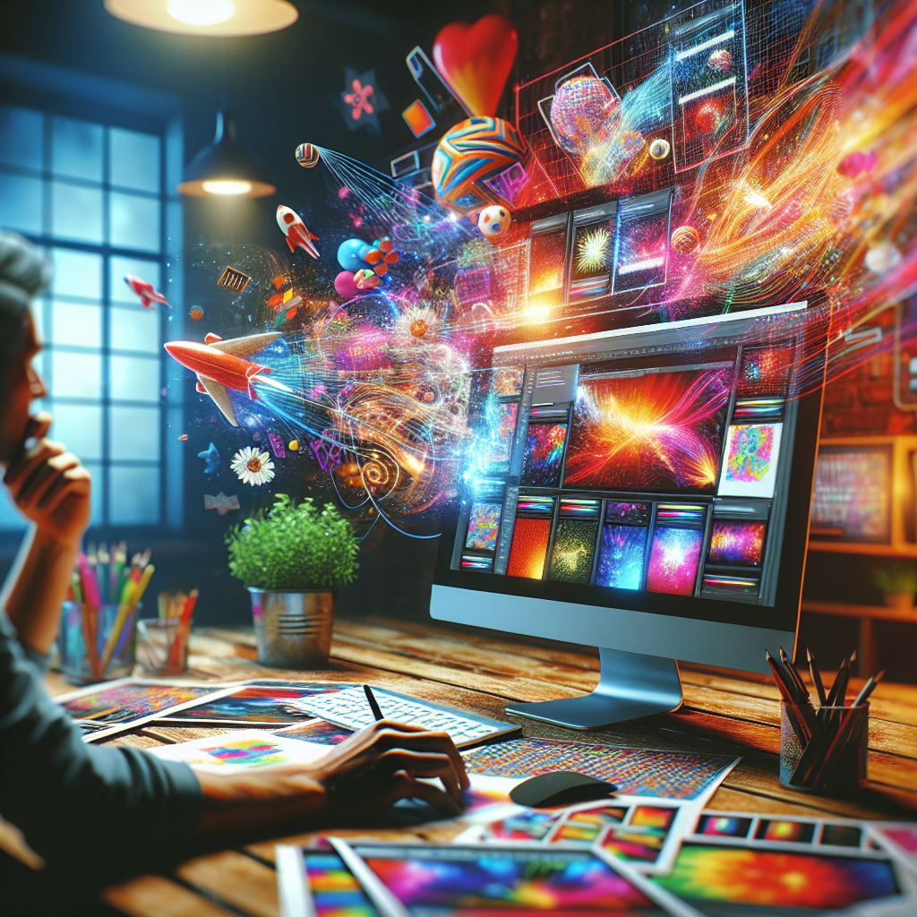 A vibrant workspace showing a graphic designer at work on a computer screen with colorful website designs displayed