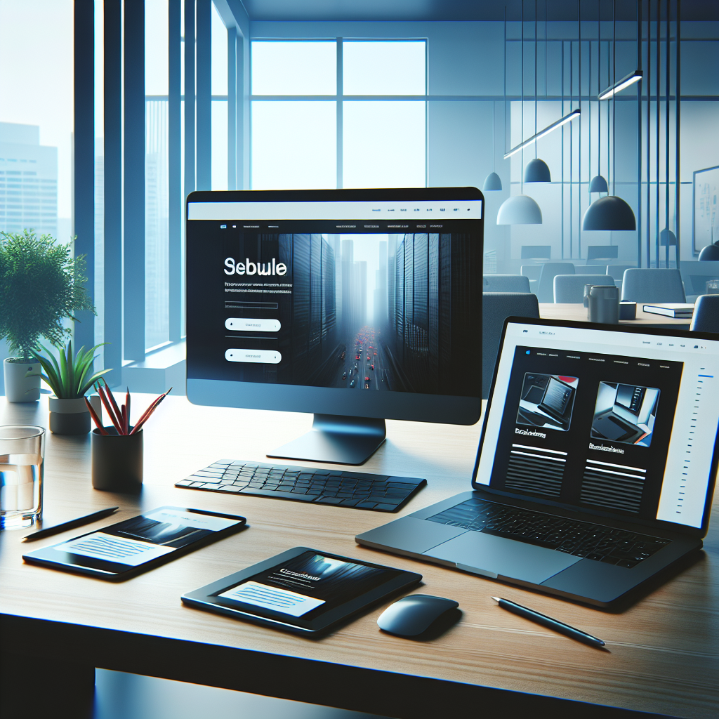 A modern office workspace featuring multiple devices (smartphone, tablet, laptop) with a responsive website displayed on each screen