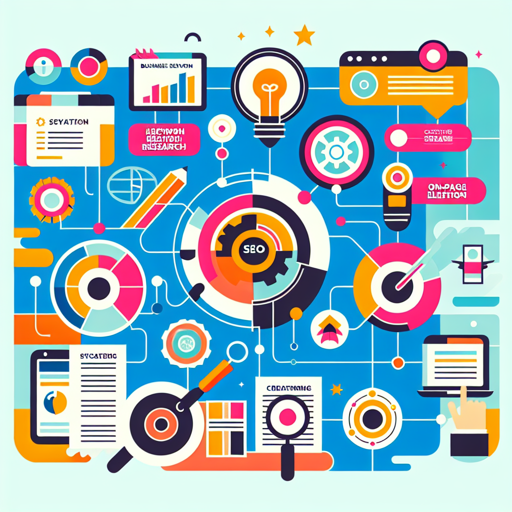 A vibrant infographic illustrating SEO optimization features for business websites, including keyword research, on-page SEO elements, and content management systems.