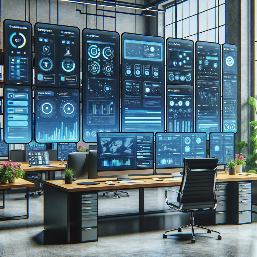A modern office workspace with multiple screens displaying various Content Management System dashboards, showcasing user-friendly interfaces and features.