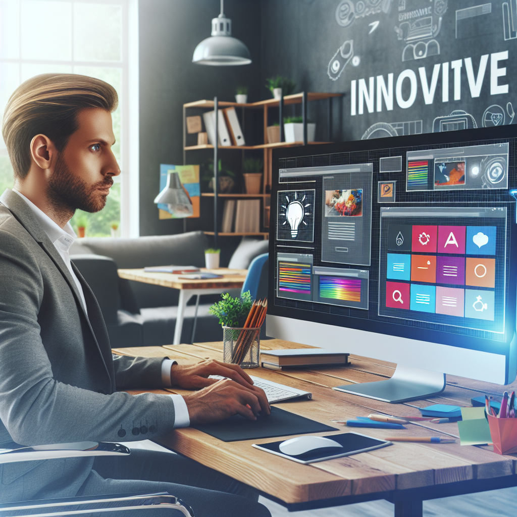 A creative workspace showcasing a professional web designer at work with multiple screens displaying colorful website designs