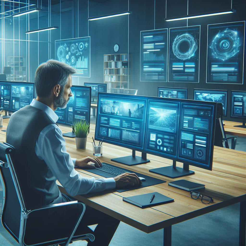 A stylish office environment showcasing a professional web designer at work on multiple screens displaying responsive website designs