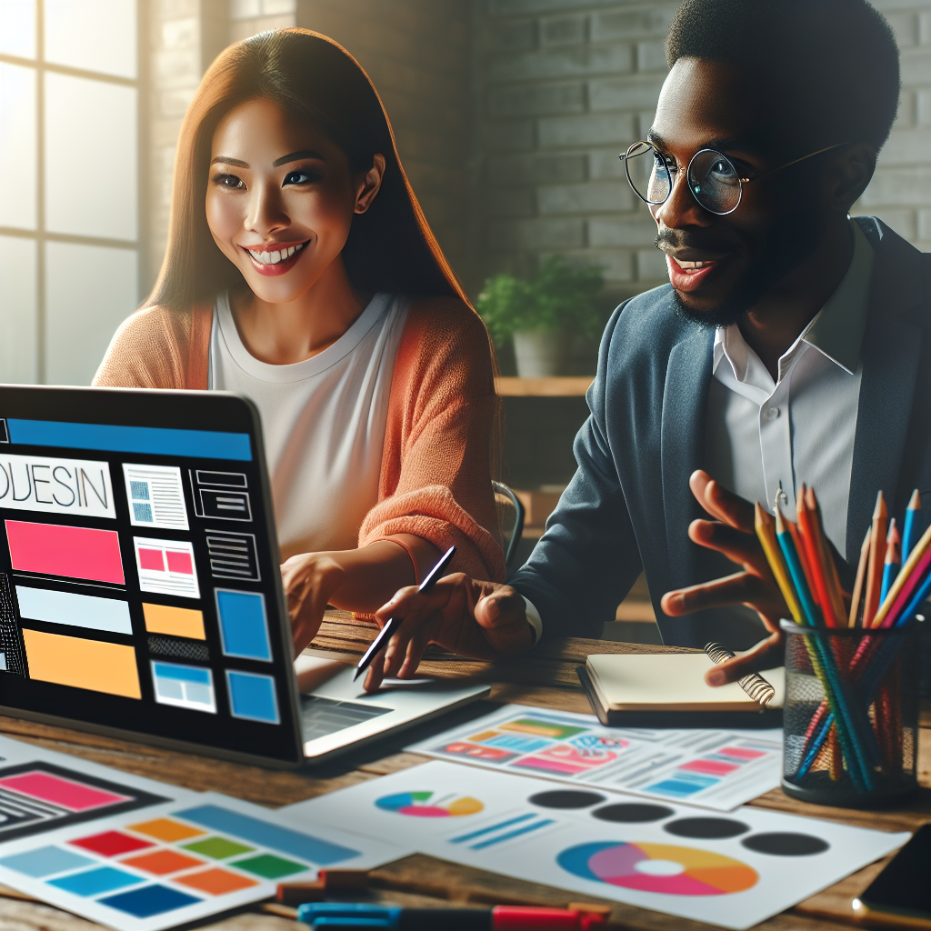 A vibrant workspace showing a professional web designer collaborating with a small business owner over a laptop, showcasing colorful website designs on screen