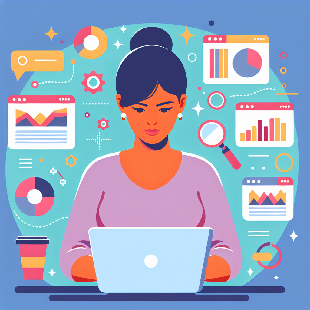 A vibrant illustration of a small business owner managing their website on a laptop, surrounded by digital tools and analytics graphs