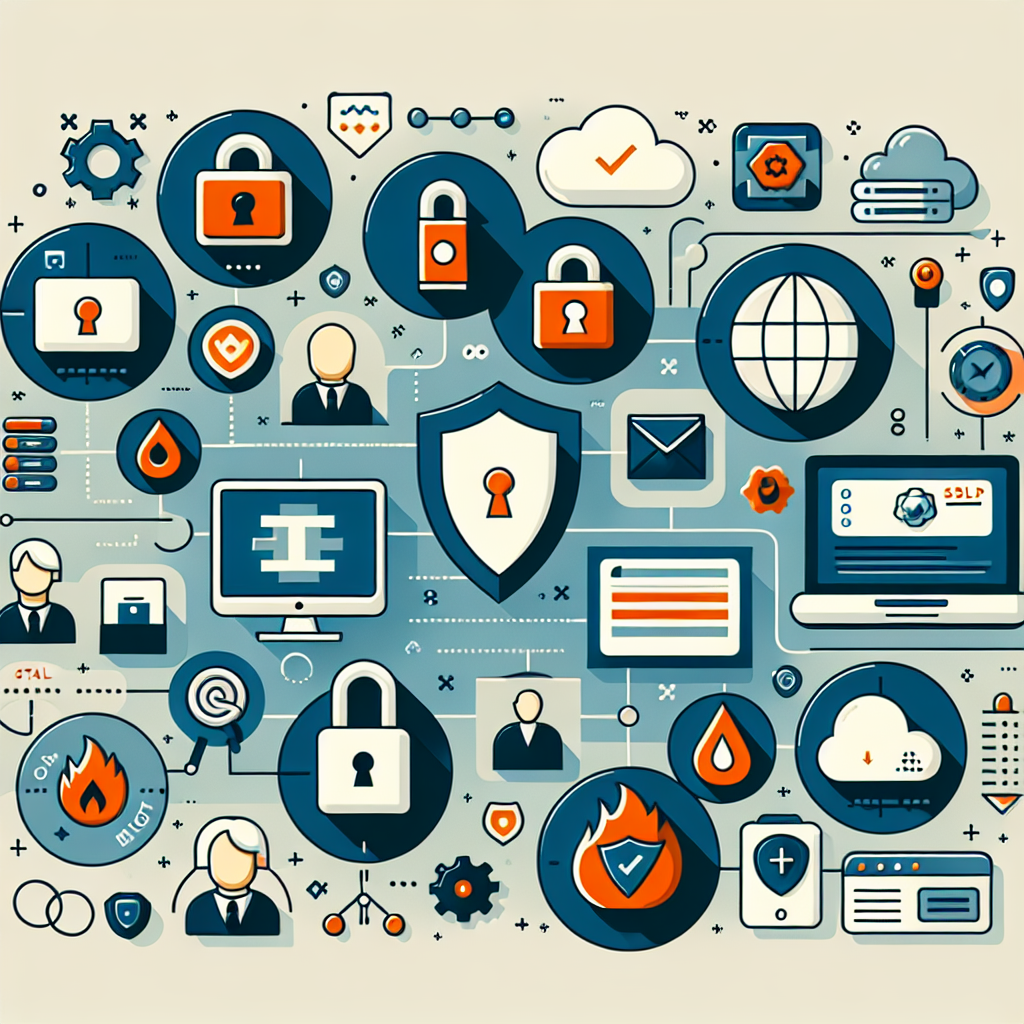 A visual representation of website security elements like SSL certificates, firewalls, and backup processes