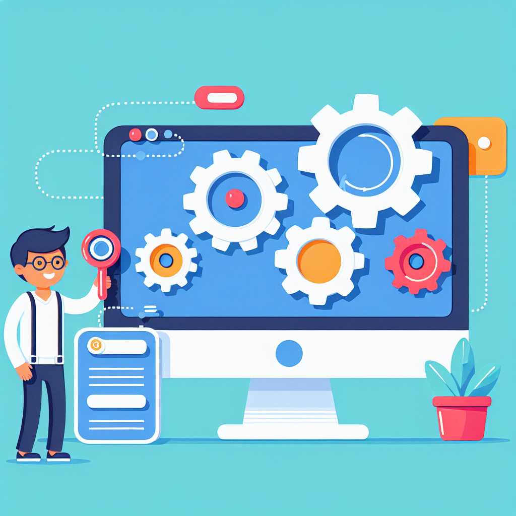 A fun illustration showing a computer with gears representing technical SEO optimization alongside a happy user navigating a website