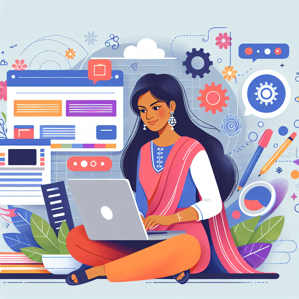 A vibrant illustration of a small business owner excitedly designing their website on a laptop with various digital elements around them representing web design tools
