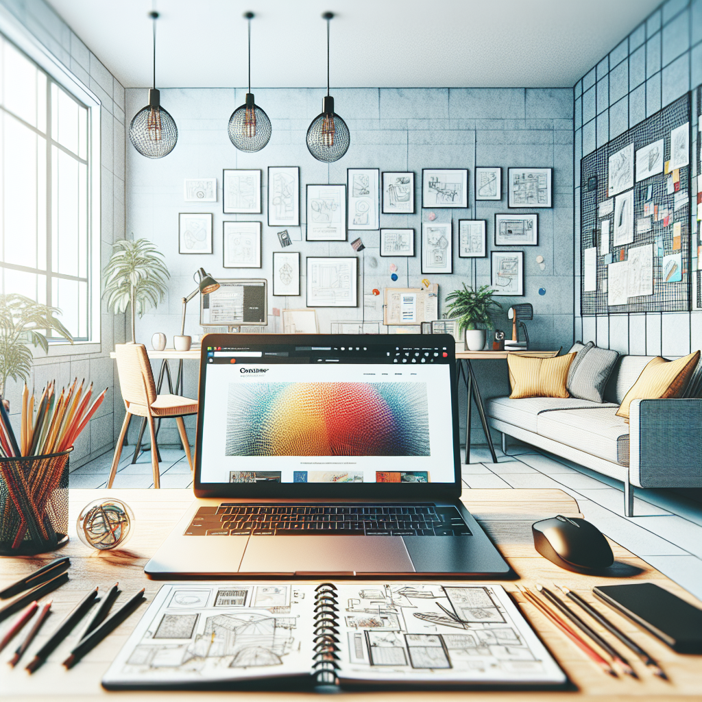 A cozy office setting with a laptop showing a colorful website design on screen, surrounded by creative tools like sketchbooks and pens