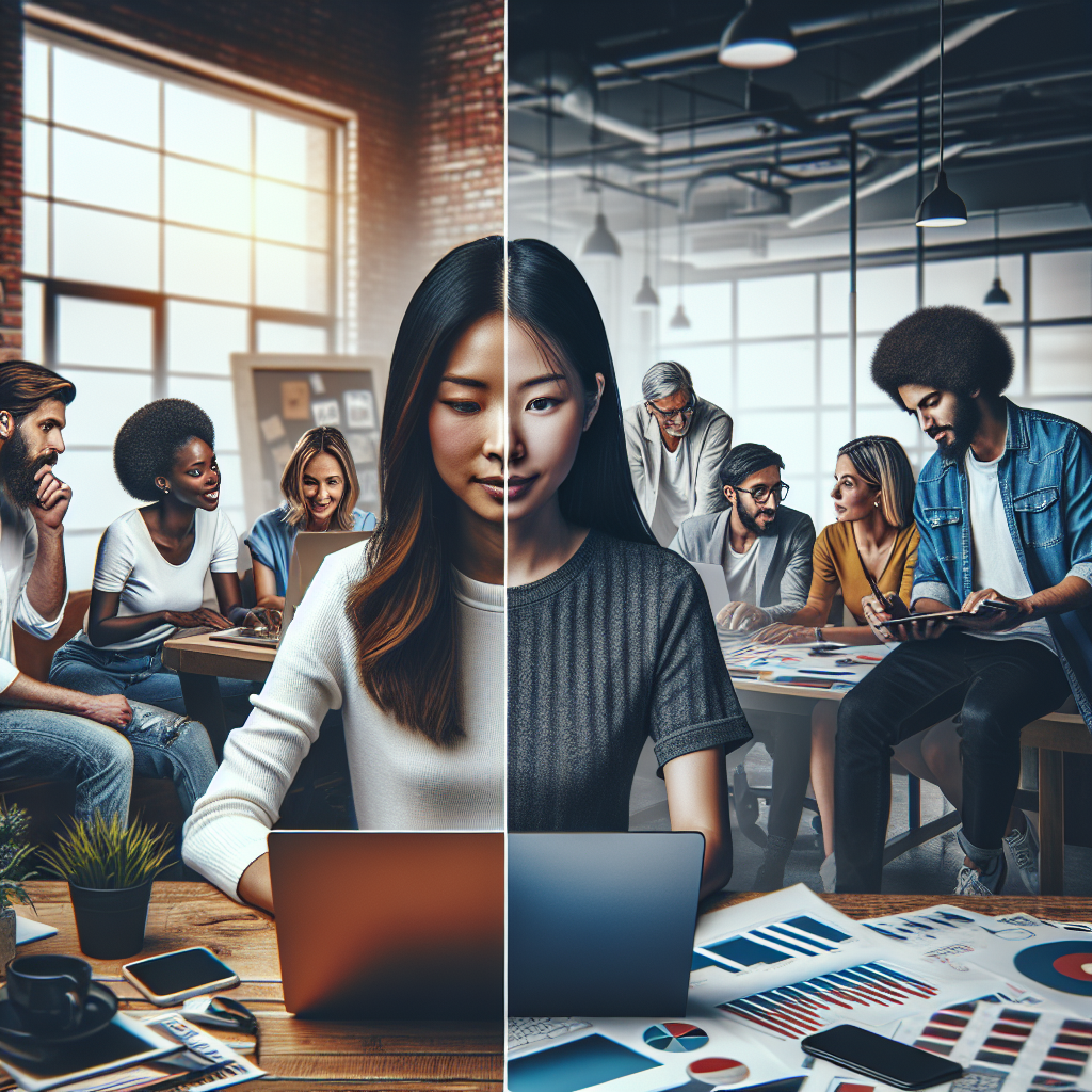 A split image showing a freelancer working on a laptop in a cozy coffee shop on one side and a busy team of web designers collaborating in an office setting on the other side