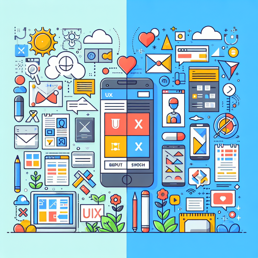 A split-screen illustration showing UX design process on one side with sketches and user testing, and UI design process on the other side featuring colorful interface elements and mockups.