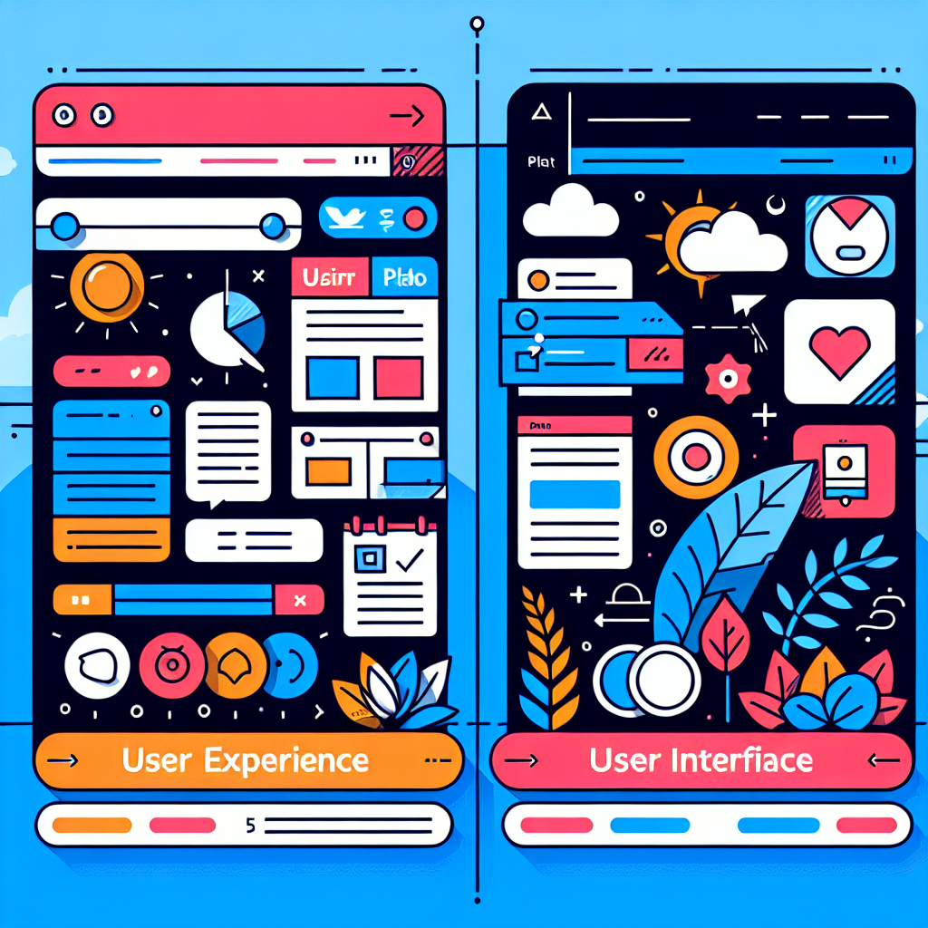 A split-screen illustration showing two sides: one labeled 'User Experience' with elements like navigation menus and user paths; another labeled 'User Interface' showcasing colorful buttons and layouts