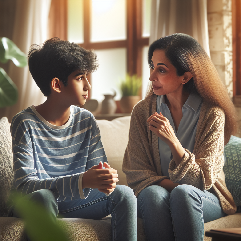 A parent talking with their child about online safety and cyberbullying prevention in a cozy living room setting