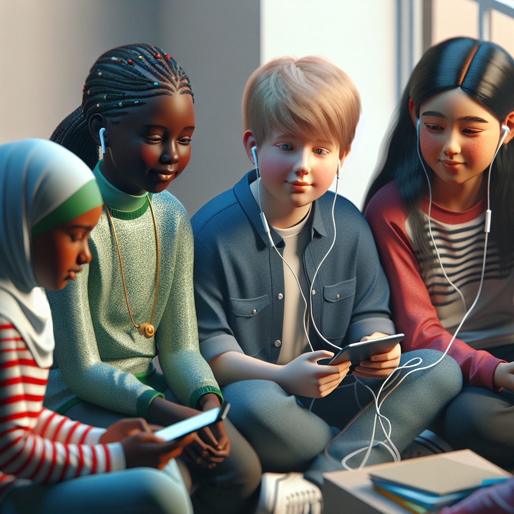 A diverse group of kids engaging positively on social media while discussing anti-bullying strategies