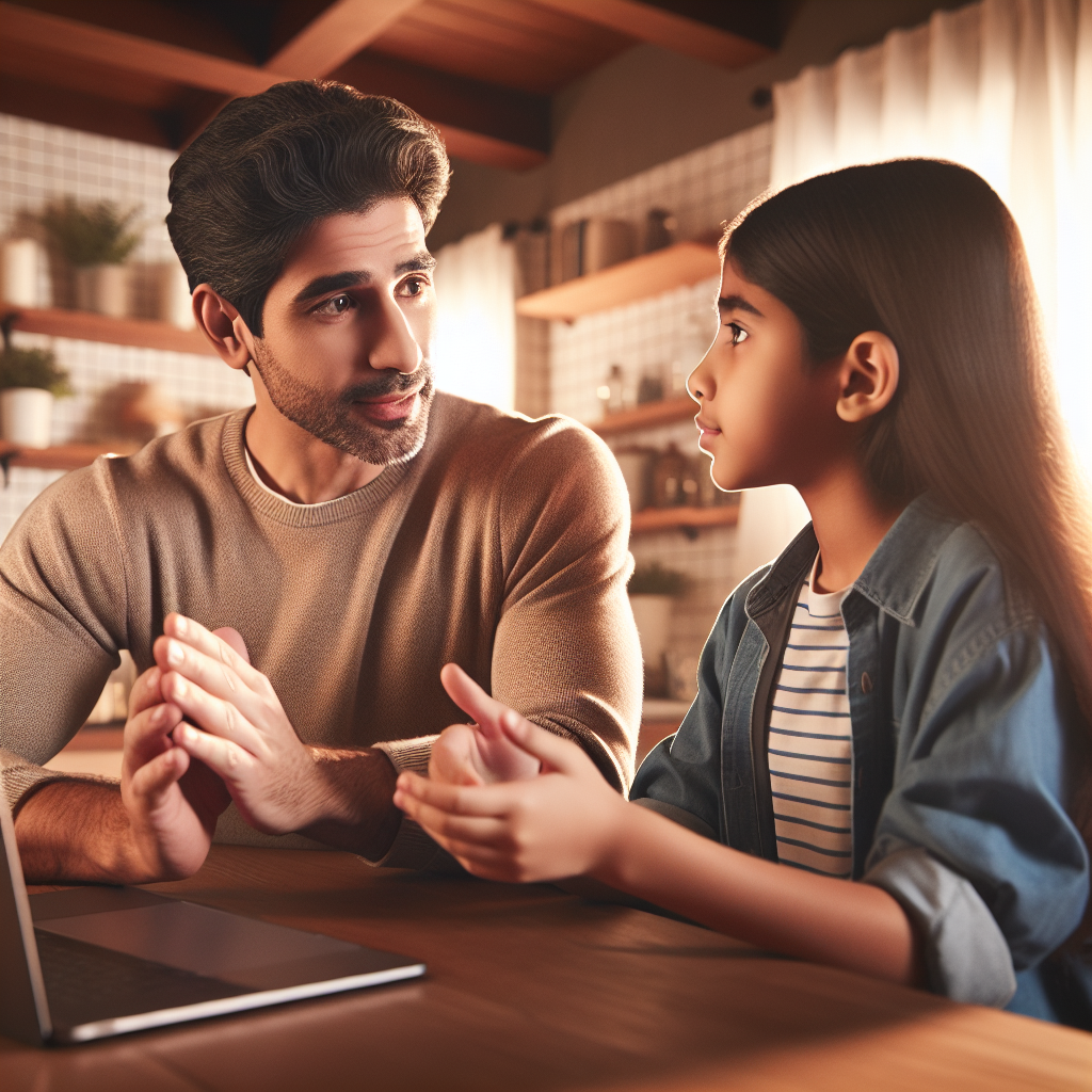 A parent engaging positively with their child while discussing online safety tips about cyberbullying