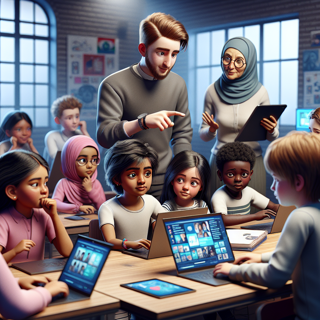 A diverse group of children participating in an engaging workshop on digital safety while learning about responsible online behavior