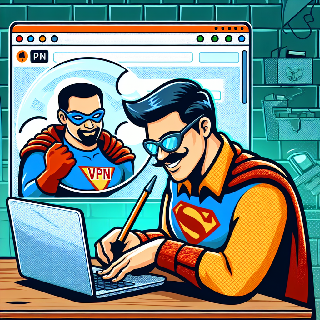 A vibrant illustration of a solopreneur working on a laptop with a superhero-themed VPN logo in the background, symbolizing online security and privacy