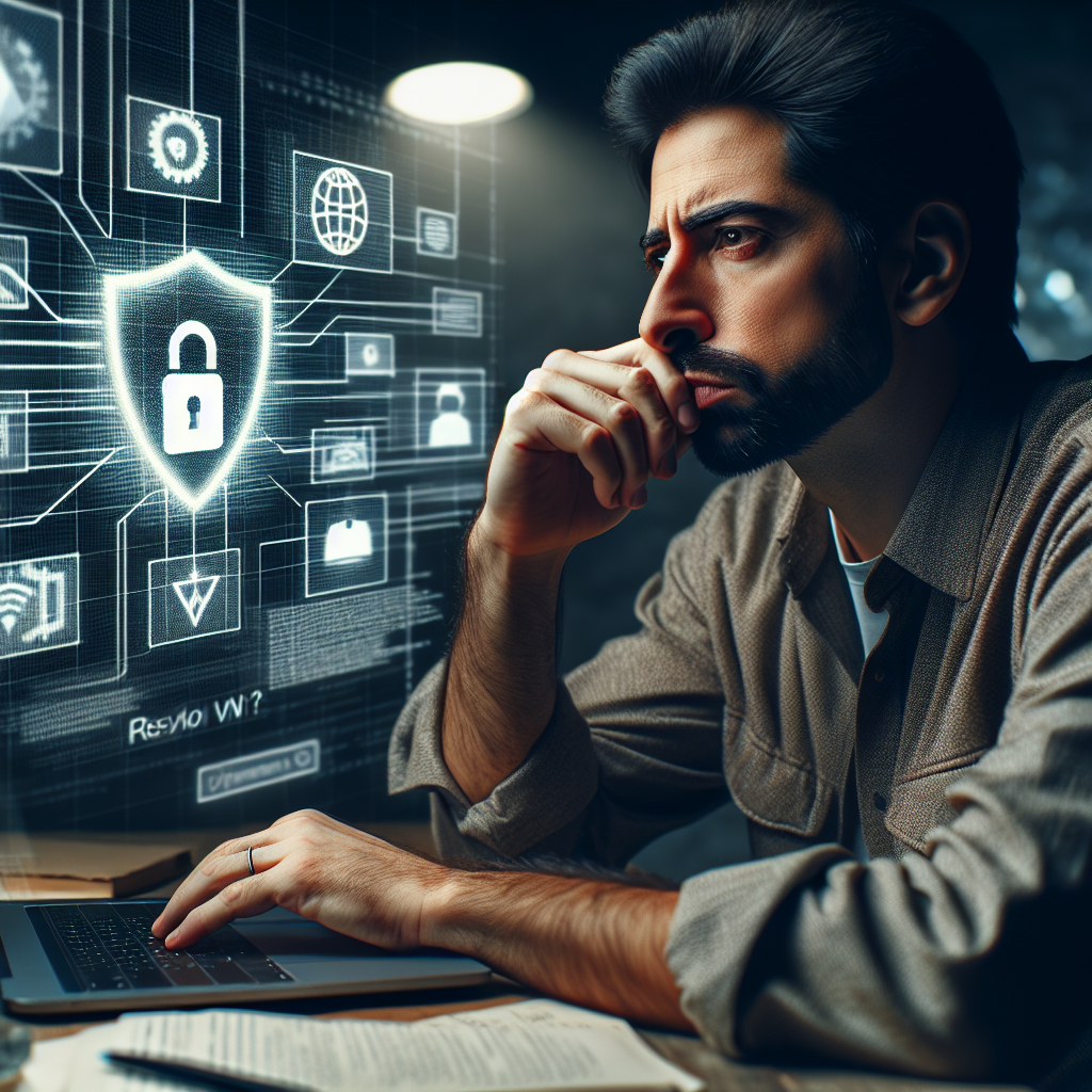 A thoughtful solopreneur contemplating online security while looking at their laptop screen filled with VPN features