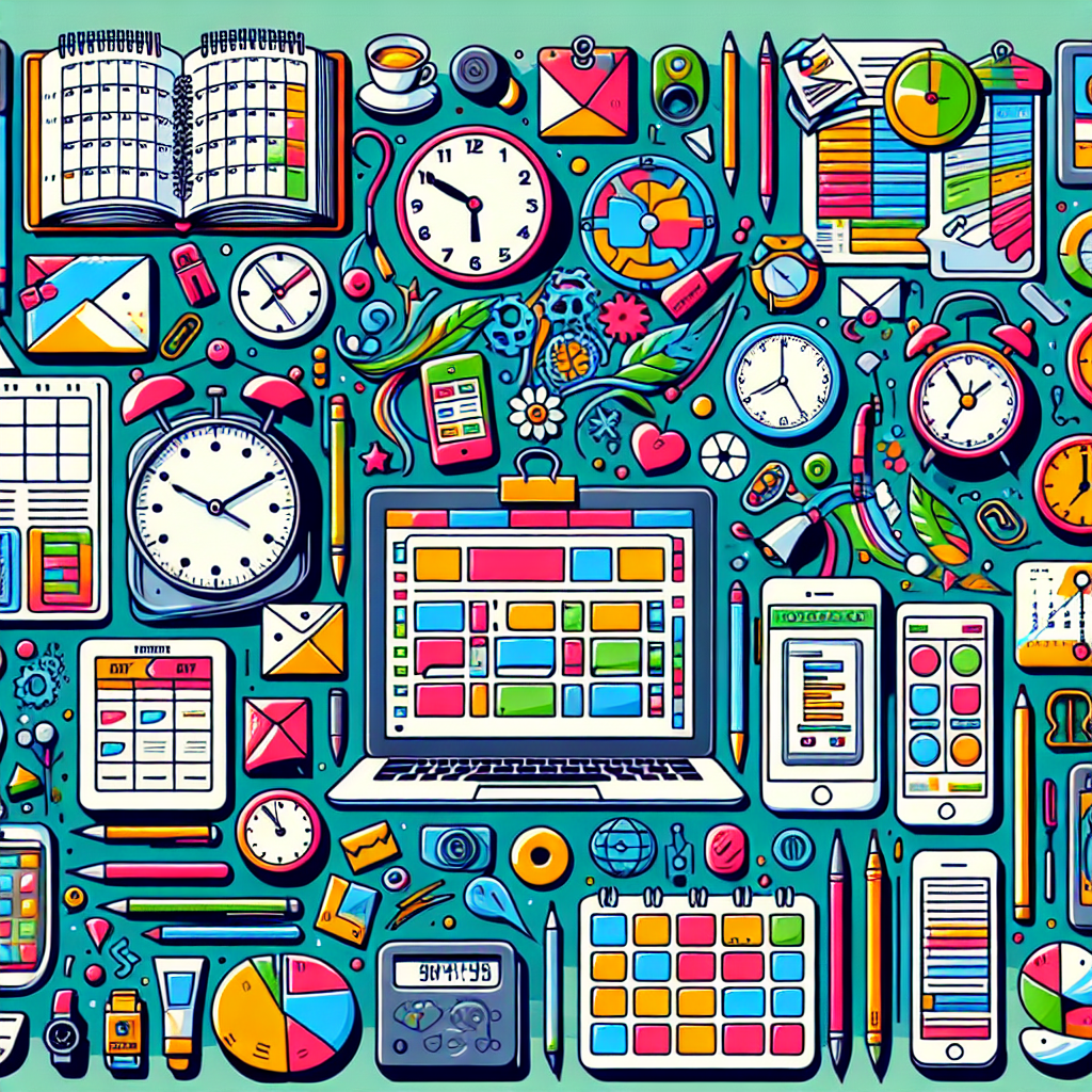 A colorful illustration depicting various time management tools like calendars, planners, clocks, and digital apps in a creative workspace environment
