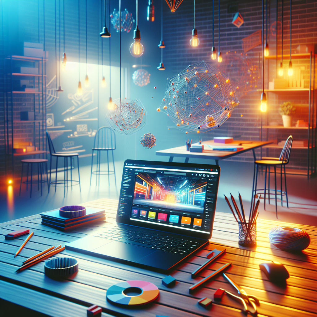 A vibrant and modern workspace featuring a laptop displaying an e-commerce website being designed with drag and drop tools