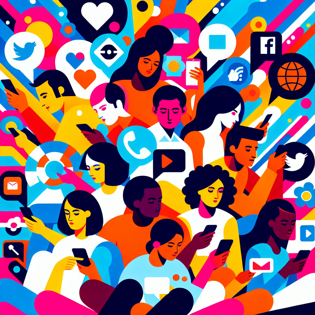 A vibrant illustration showing diverse people engaging with their smartphones while surrounded by various logos of popular social media platforms like Facebook, Instagram, Twitter, and LinkedIn