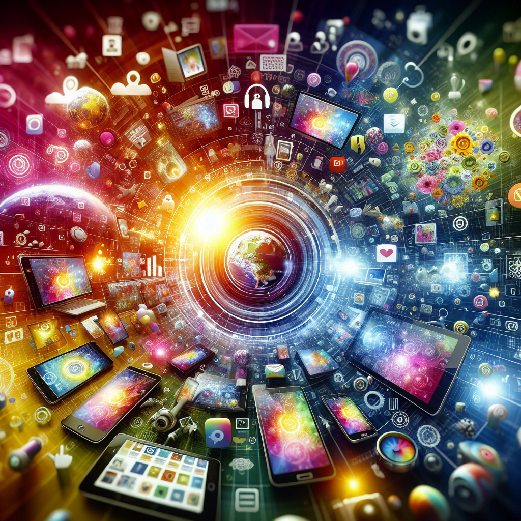 A colorful illustration showcasing various types of engaging social media content including infographics, videos, and eye-catching images being shared across different devices