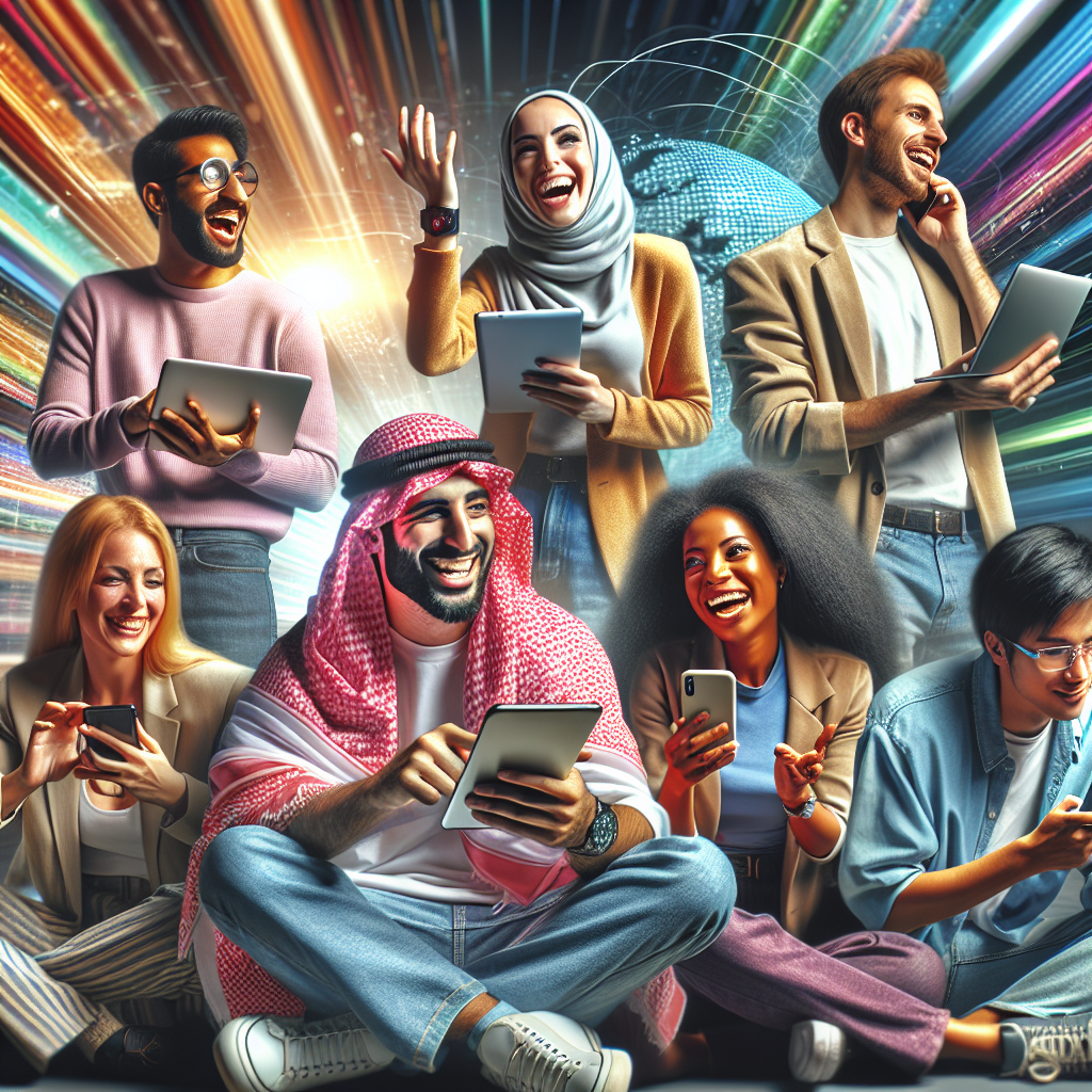 A vibrant scene showing diverse individuals engaging with each other through social media platforms on their devices while interacting in real-time
