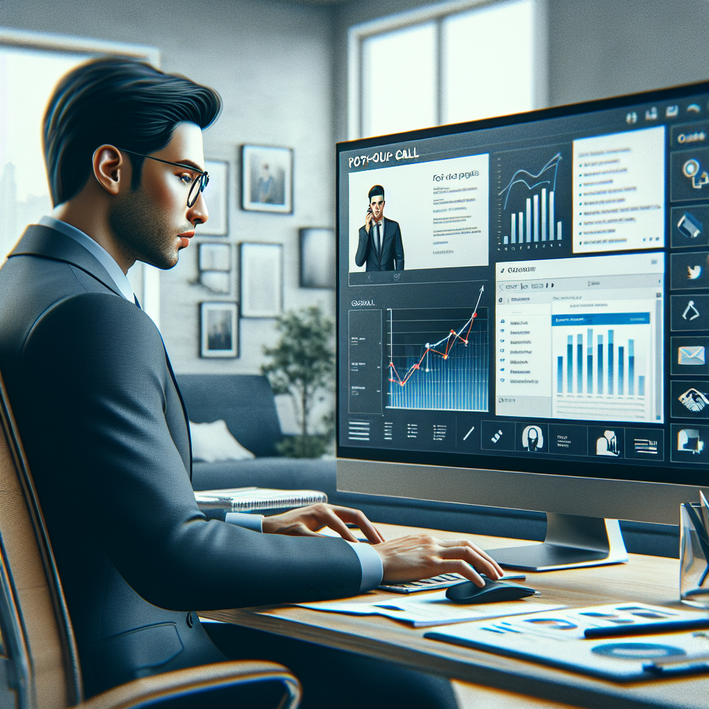 An illustration showing a salesperson engaging in follow-up activities post cold call with emails and analytics