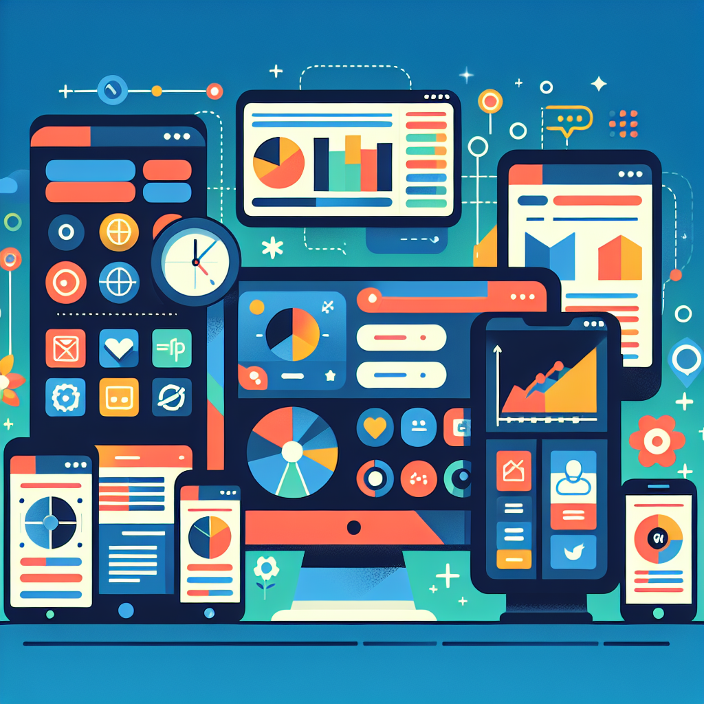 A vibrant illustration of various time management apps displayed on smartphones and computers, showcasing features like task lists, calendars, and analytics dashboards