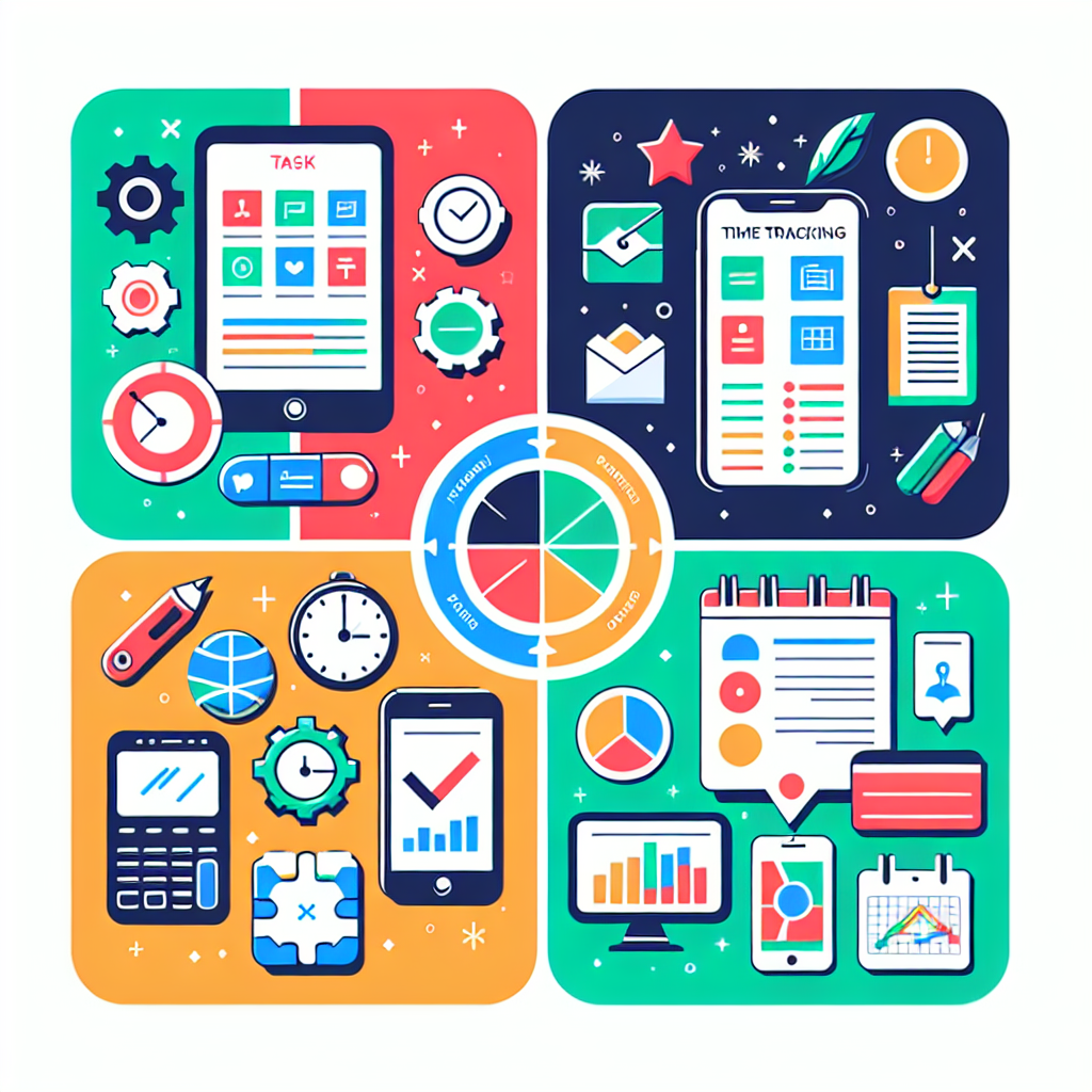 A colorful infographic categorizing different types of time management apps: Task Management Apps, Time Tracking Apps, Project Management Tools, Calendar & Scheduling Apps