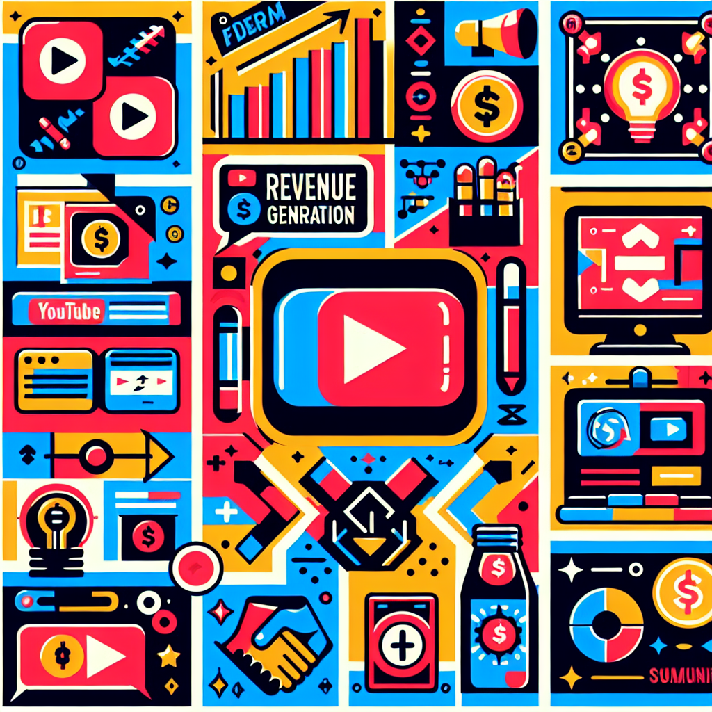 A vibrant collage showcasing various aspects of YouTube monetization strategies including ads, merchandise, affiliate marketing logos, and community engagement symbols