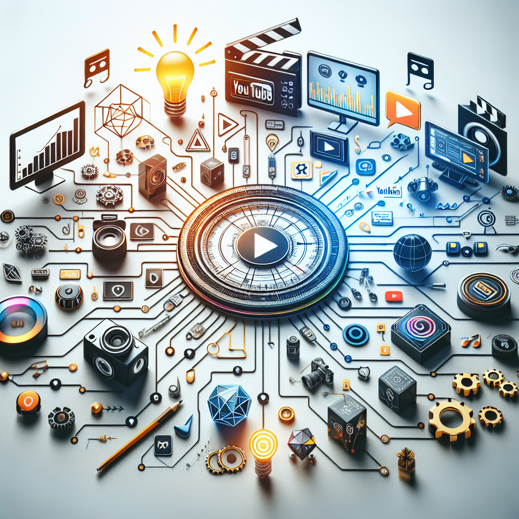 A creative visual representation of YouTube branding elements including logos, channel art designs, video thumbnails, and engagement metrics