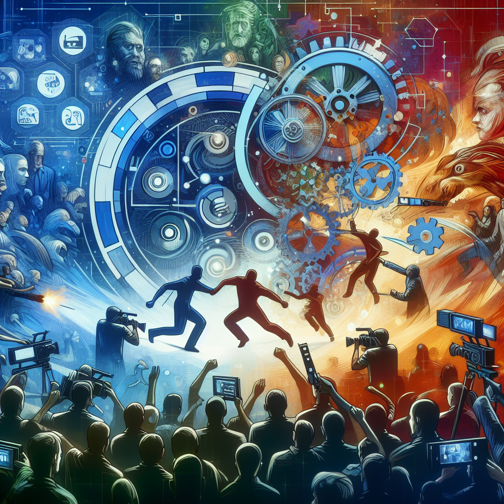 A dynamic illustration depicting various storytelling elements in video production such as characters, conflict resolution scenes, and audience engagement icons