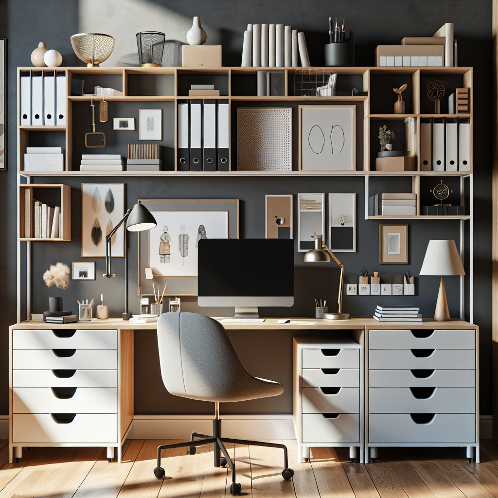 A beautifully organized home office with modern furniture, stylish decor, and efficient storage solutions like modular shelving units and under-desk storage.