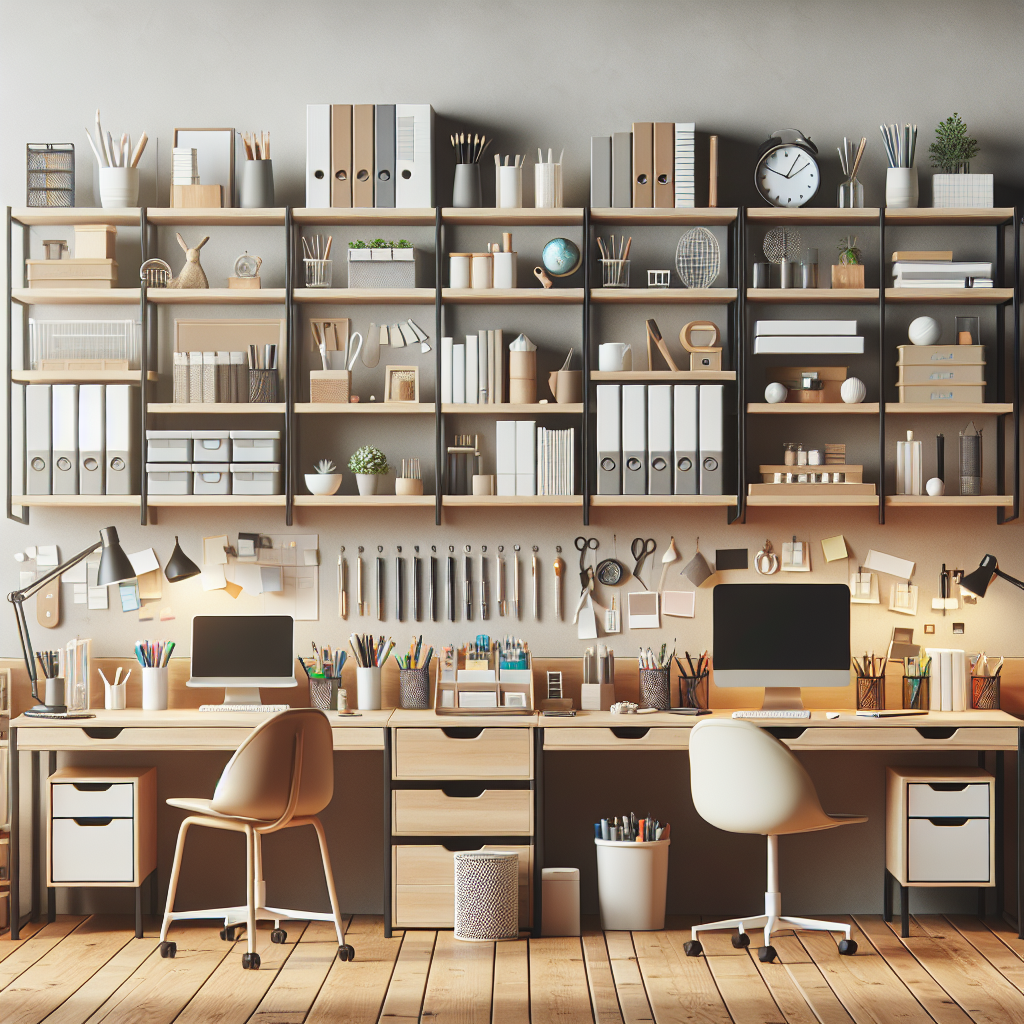 An organized desk with various office supplies neatly arranged, showcasing creative office storage solutions like modular shelving units and ergonomic furniture.