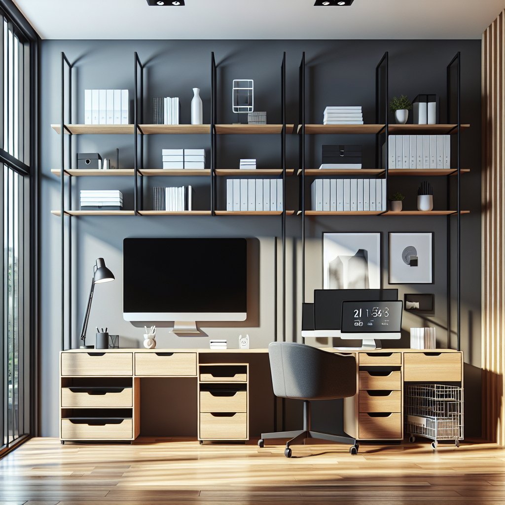 A modern home office featuring vertical storage solutions like wall-mounted shelves and modular shelving units alongside stylish desk organizers and mobile storage carts.