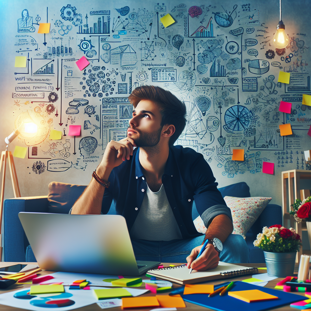 A vibrant workspace showing a young entrepreneur brainstorming innovative small business ideas at home