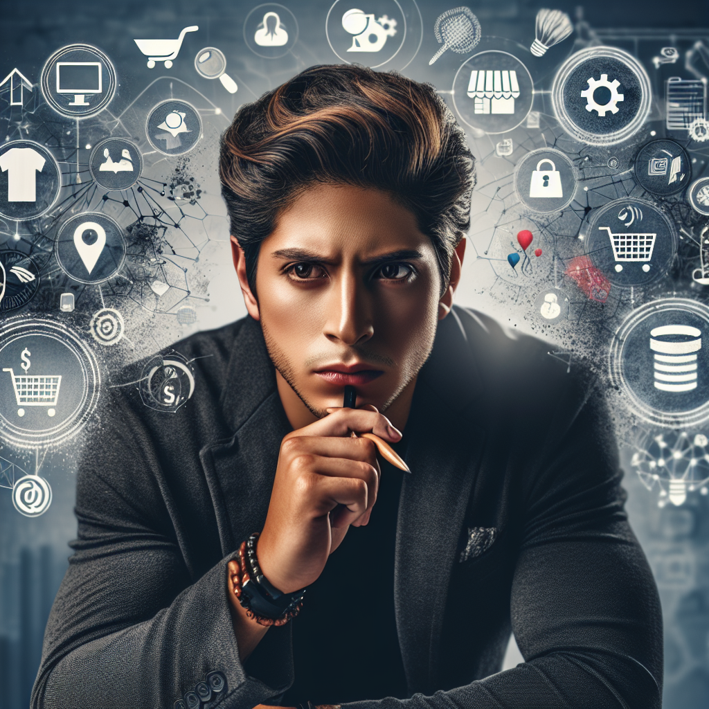 A young entrepreneur brainstorming various low-cost business ideas including service-based businesses and e-commerce concepts