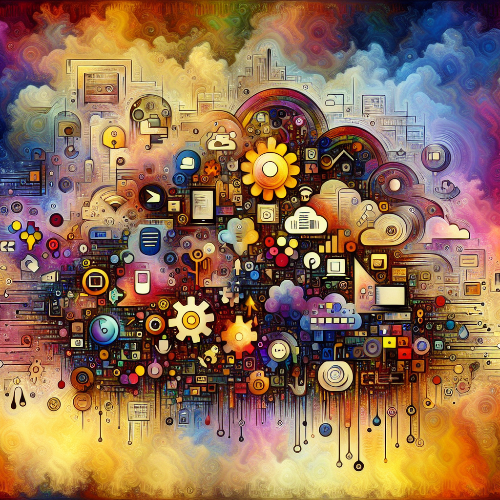 A vibrant collage showcasing various online tools for small business management including Trello, Canva, Google Workspace