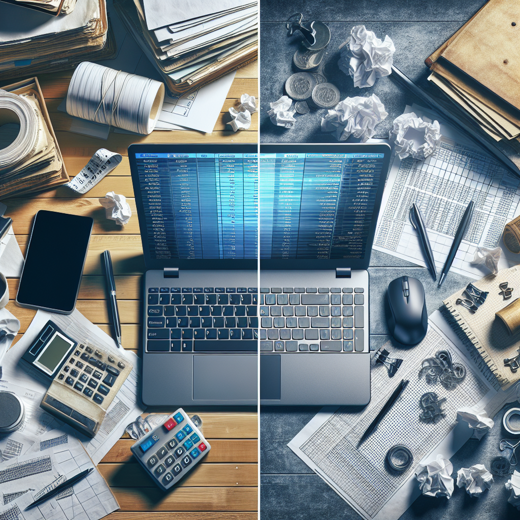 A split image showing a cluttered desk with papers on one side representing traditional accounting methods and a sleek laptop with accounting software open on the other side representing sole trader accounting software