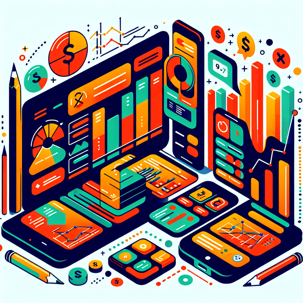 A vibrant illustration showcasing various accounting apps on mobile devices and laptops with graphs and charts representing financial growth