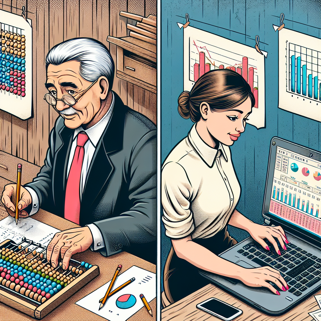 A humorous illustration contrasting traditional accounting methods like pencil-and-paper bookkeeping with modern accounting software on laptops showcasing graphs