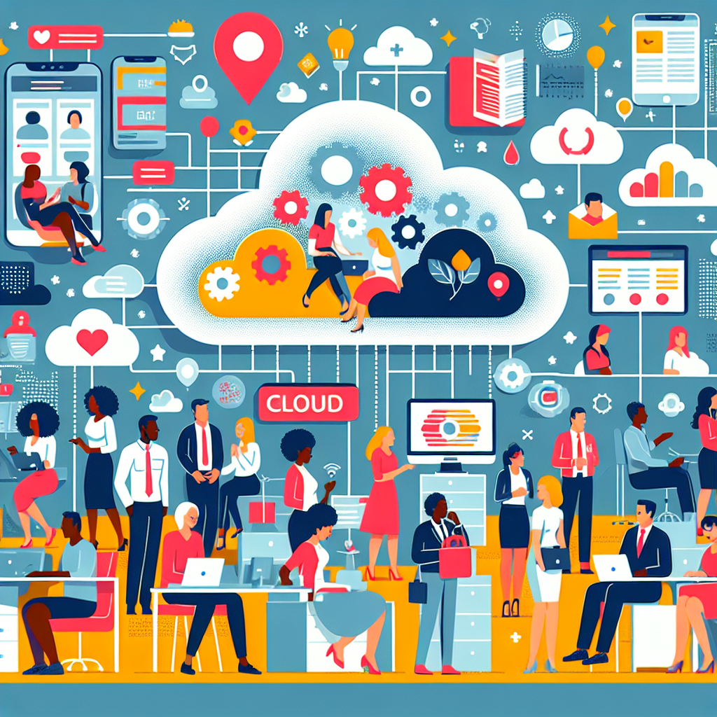A colorful illustration showing various types of customers interacting with different cloud-based CRM systems in an office setting
