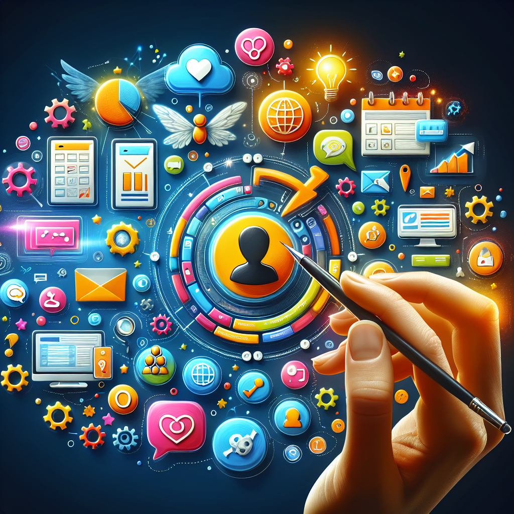 A vibrant illustration depicting various key features of CRMs such as user interface design elements, customization icons, integration symbols with other software tools