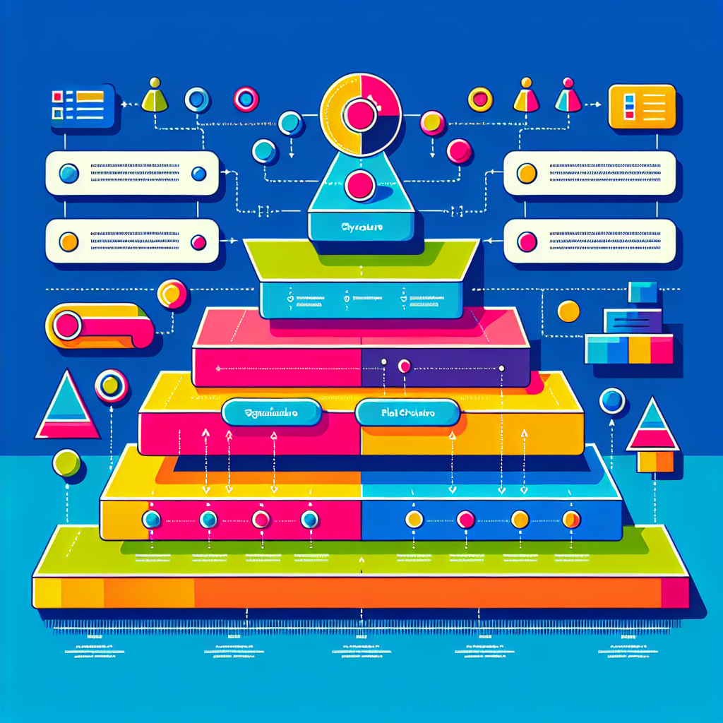 A colorful infographic illustrating different types of organizational structures such as hierarchical, flat, and matrix structures