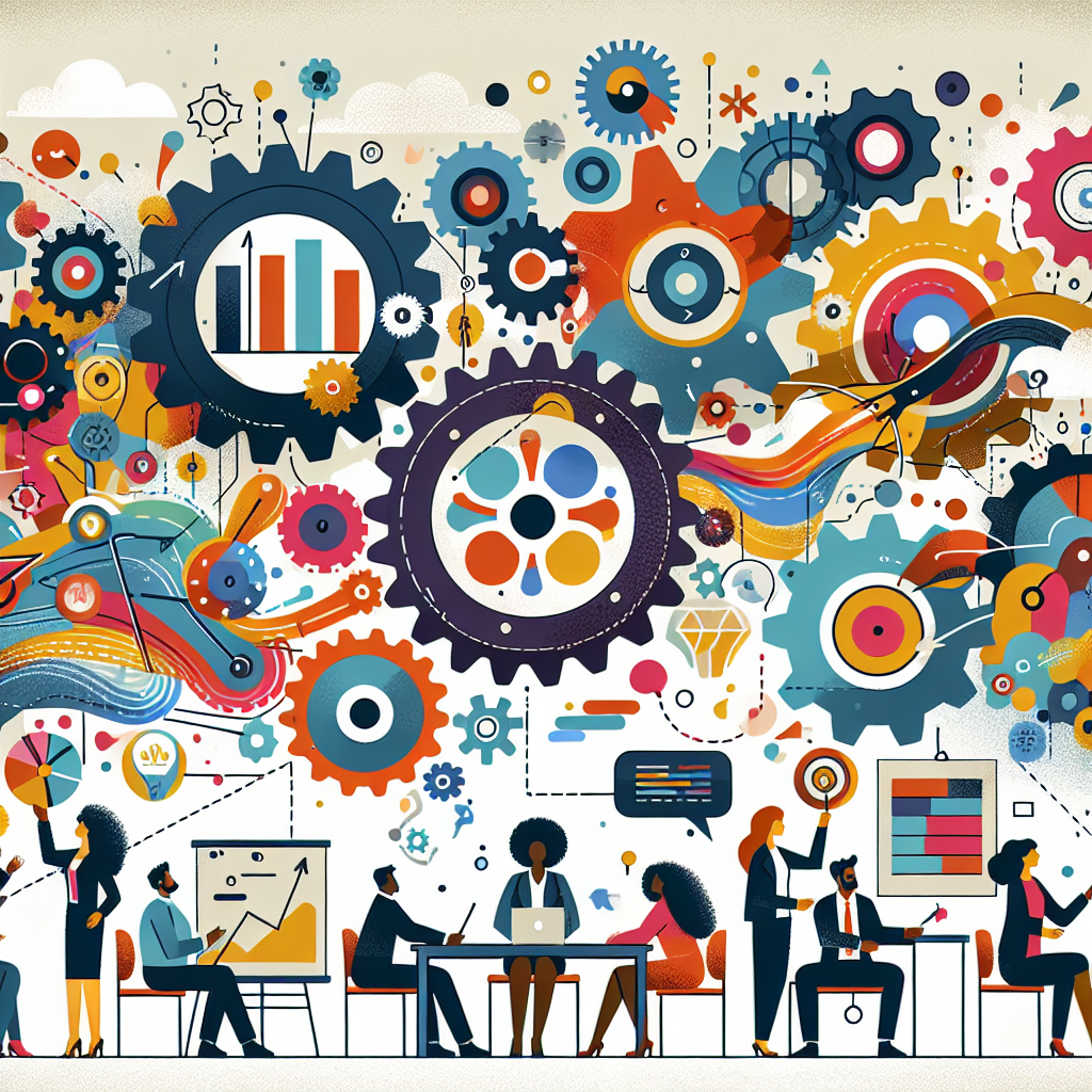 A creative representation of organizational strategy with elements like charts, gears, and people collaborating
