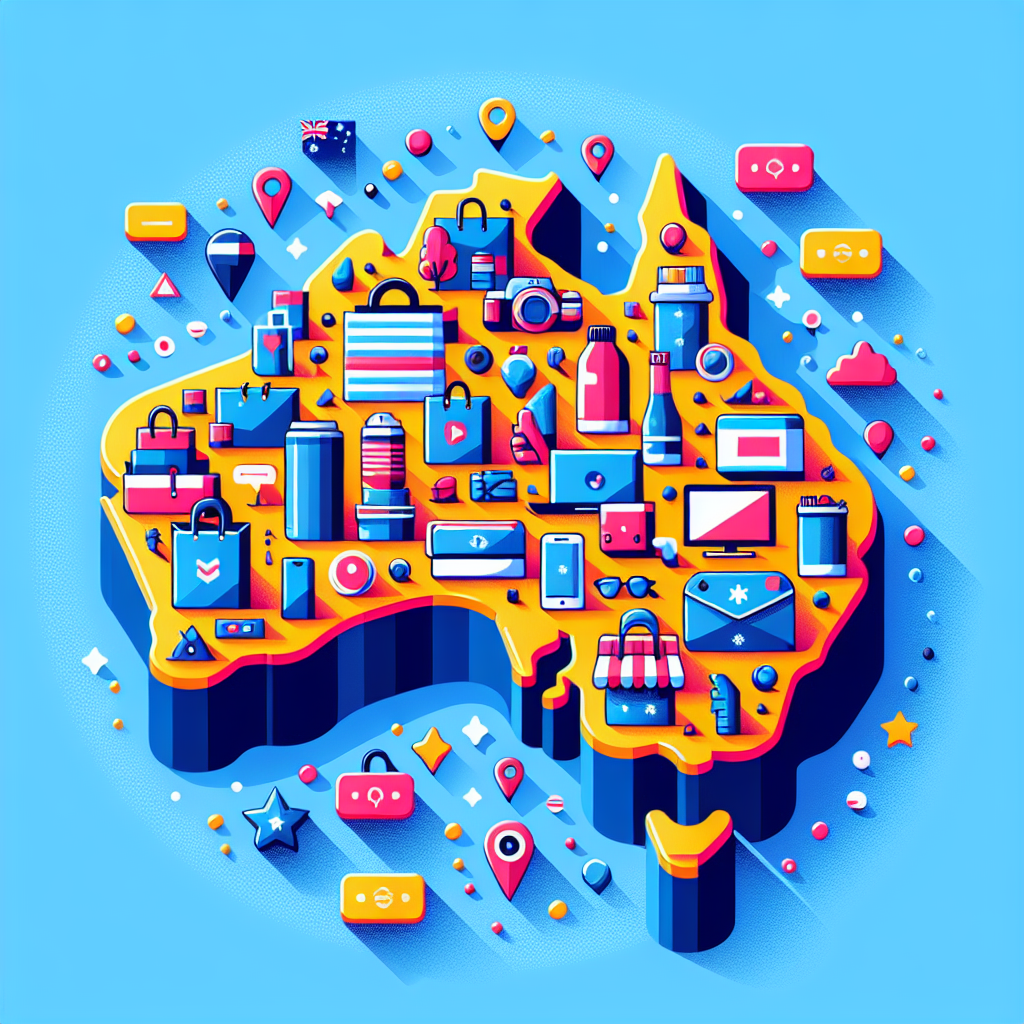 A vibrant illustration showing an Australian map with various dropshipping products scattered across it, symbolizing diverse product offerings and local sourcing.