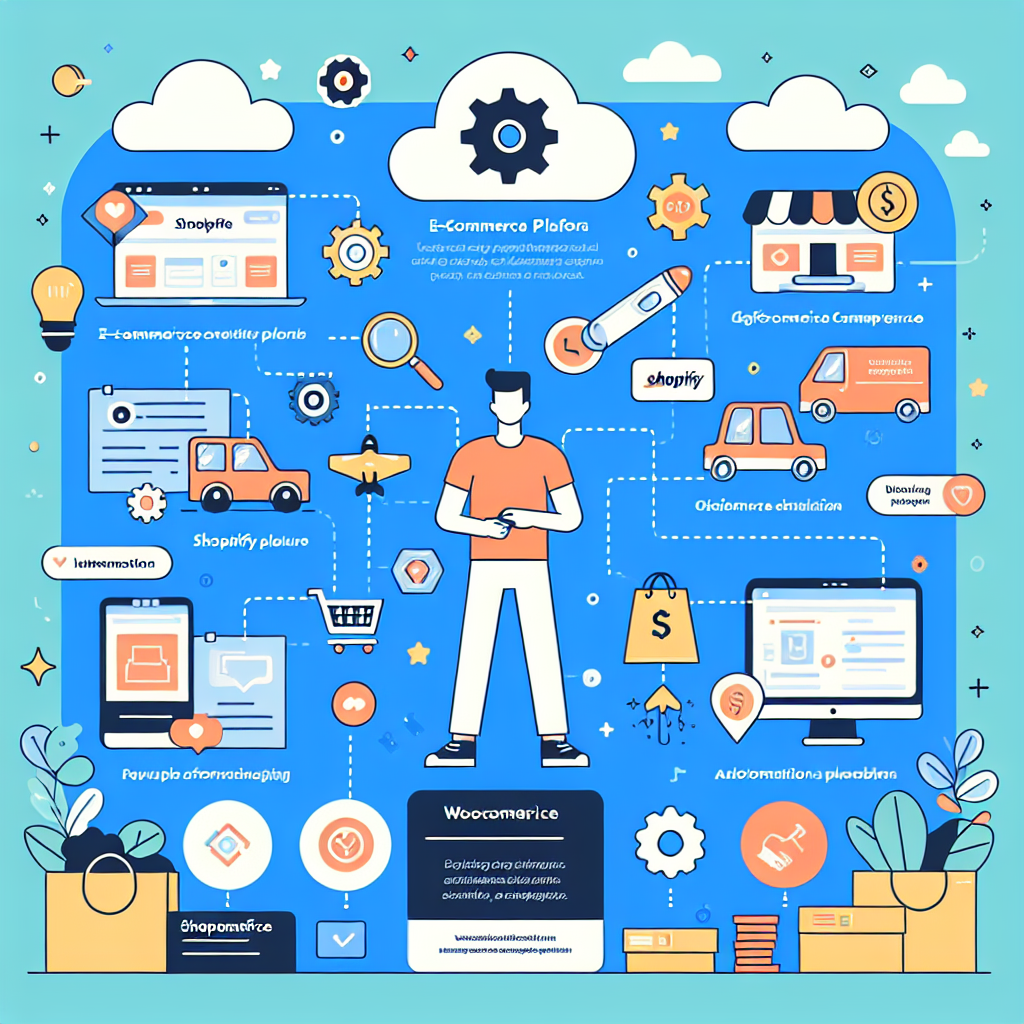 An engaging infographic illustrating popular Australian e-commerce platforms like Shopify and WooCommerce alongside key features such as integration options and automation benefits.