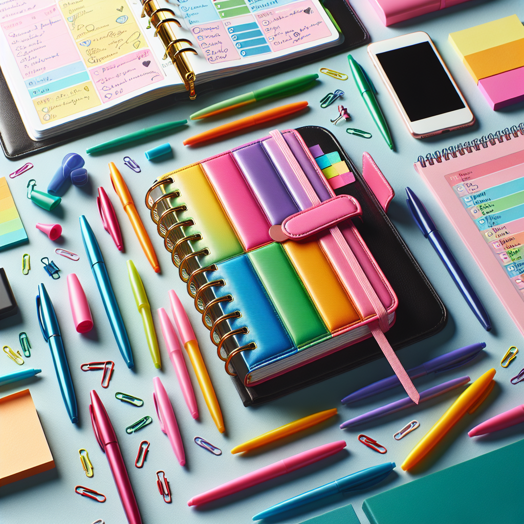 A colorful planner open on a desk with notes and colorful pens around it, symbolizing effective daily planning and time management